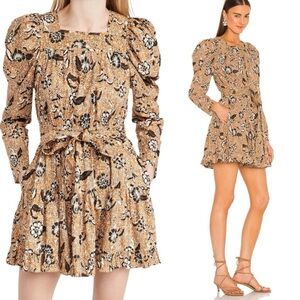 Ulla Johnson Nailah Tiered Belted Long Sleeve Mini Dress Amber Gold Floral 6